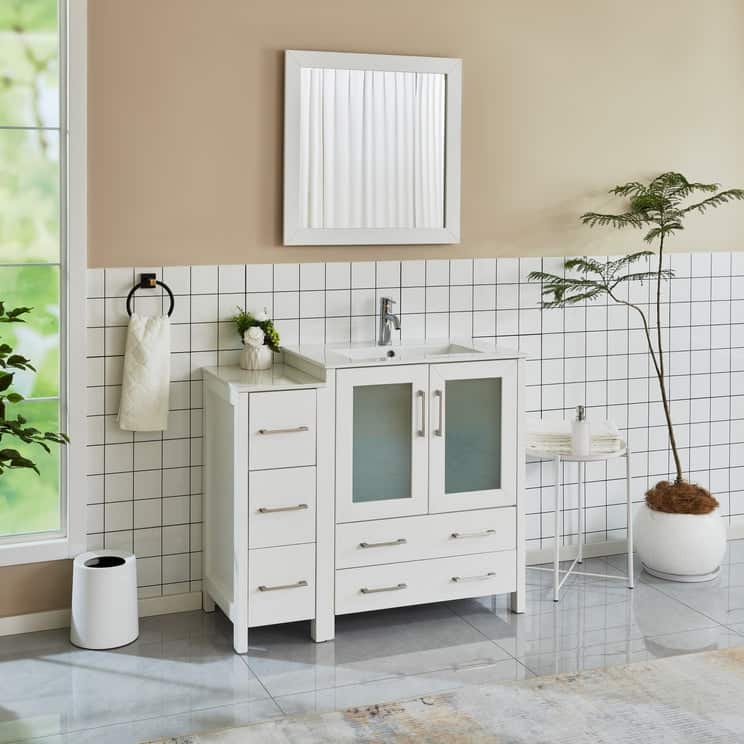 Vanity Art 42 Inch Single Sink Bathroom Vanity Set 5 Dove-Tailed Drawers 1 Cabinets 1 Shelf, Soft-Closing Doors with Free Mirror