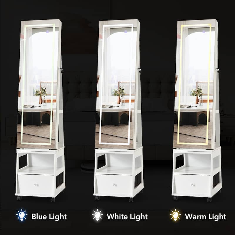 LED Vanity Mirror with Jewelry Storage Drawer, Shelf, Wheels