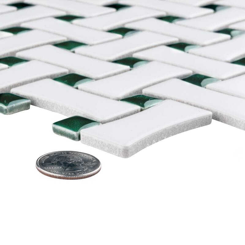 Merola Tile Metro Ion Dog Bone Basketweave Emerald Dot w/Matte White 10" x 10" Porcelain Mosaic Floor and Wall Tile