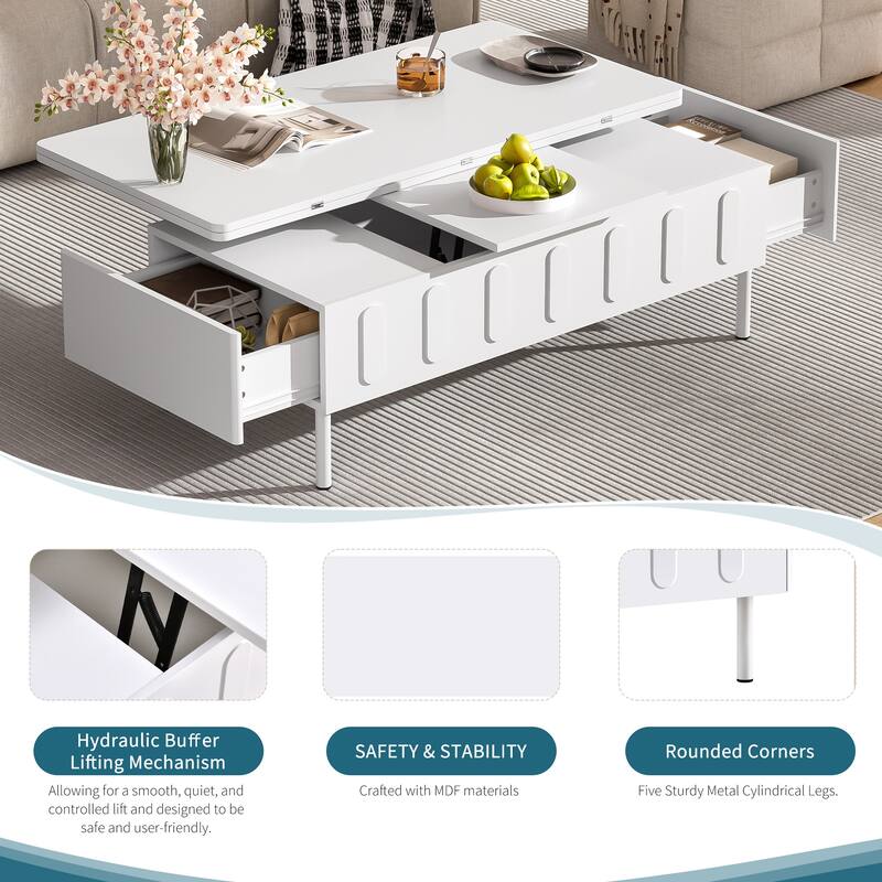 Lift-Top Coffee Table with Hidden Storage and Drawers, Foldable Adjustable Center Table for Living Room, Modern MDF Design