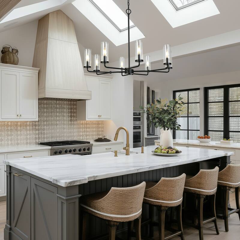 Modern Farmhouse 8-Light Black Wheel Chandelier with Glass Shade for Dining Living Room - D 31.5" x H 24"