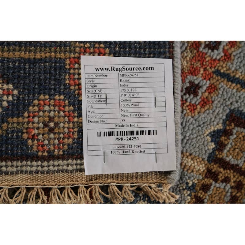 Light Blue Geometric Kazak Oriental Rug Handmade Wool Carpet - 4'0"x 5'9"