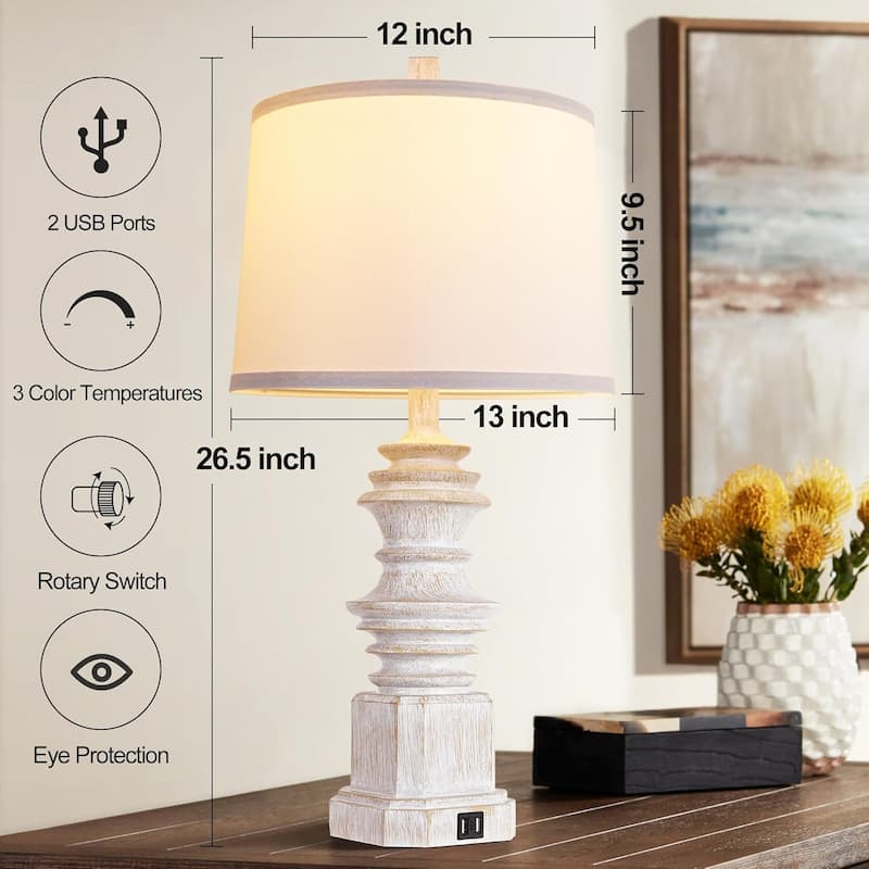 Table Lamps for Nightstand Set of 2, Bedside Lamp with Dual USB Charging Ports, Farmhouse Decor Table Lamps