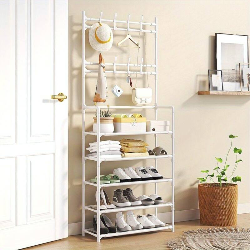 5-Tier Freestanding Shoe Rack and Coat Stand Entryway Organizer for Shoes Boots Hats - 26”L x 11”W x 68.9”H