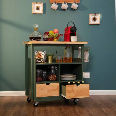Portable Kitchen Cart Wood Top Kitchen Trolley with Drawers