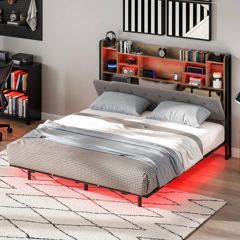Moasis Floating Bed Frame Upholstered Platform Bed with RGB LED Lights Headboard Storage and Charging Station