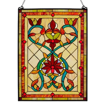 River of Goods Tiffany Style Firey Hearts and Flowers Stained Glass 24-inch Window Panel - 18"L x 0.25"W x 24"H