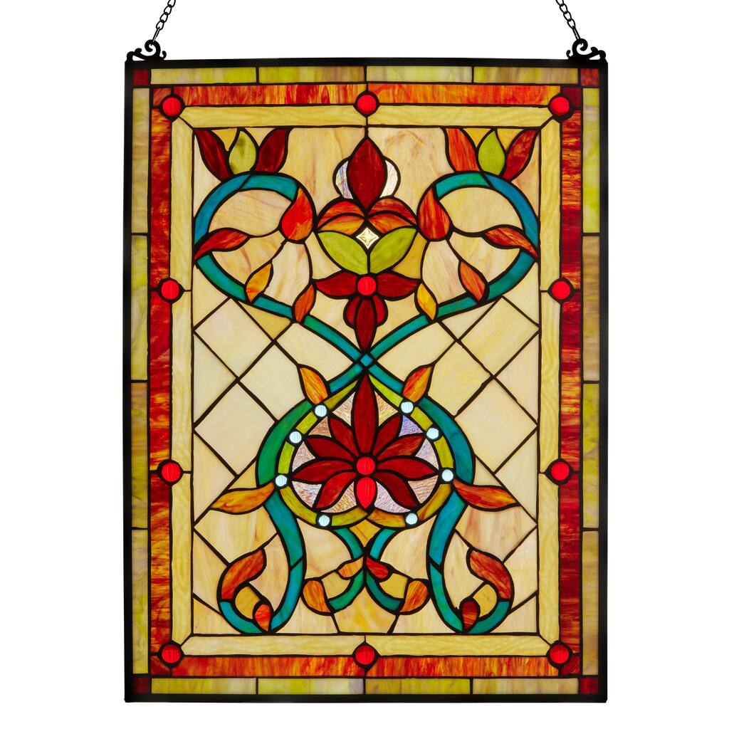 River of Goods Tiffany Style Firey Hearts and Flowers Stained Glass 24-inch Window Panel - 18"L x 0.25"W x 24"H