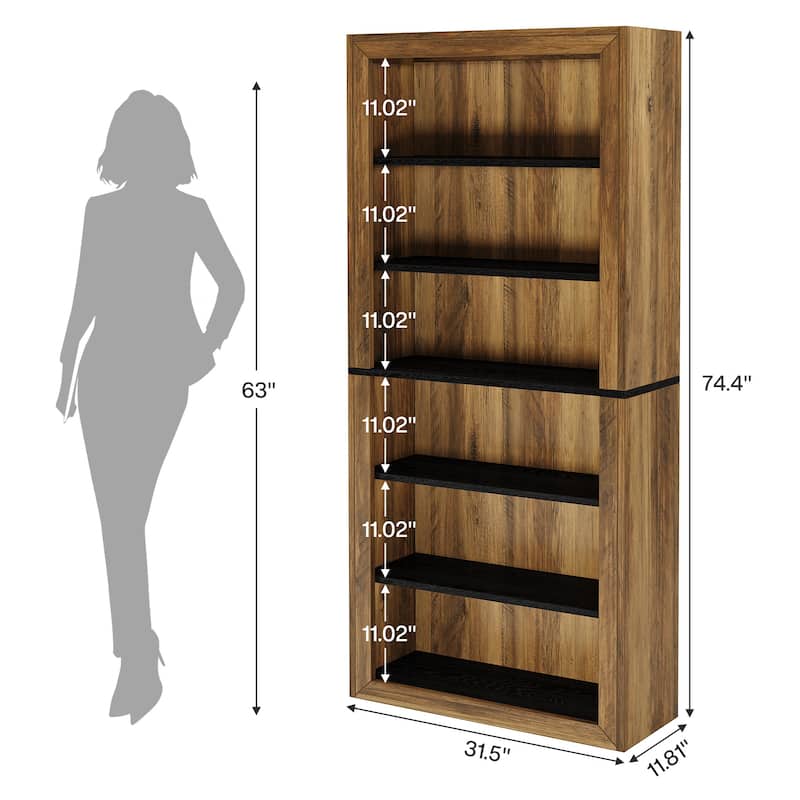 74.4'' Tall Bookcase with Storage Shelves, 6-Tier Wood Bookshelf