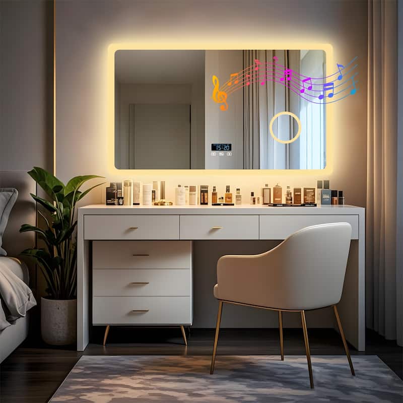 Bluetooth LED Bathroom Vanity Wall Mounted Mirror Double Speakers, 3X Magnifier, Backlit Mirror