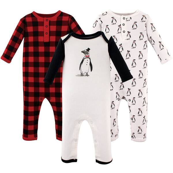 slide 1 of 1, Hudson Baby Infant Boy Cotton Coveralls 3pk, Penguin 0 - 3 Months - Red