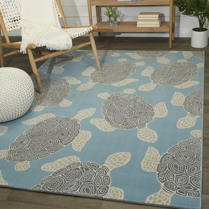 Swimming Sea Turtle Area Rug - 5'3" x 7' - Blue