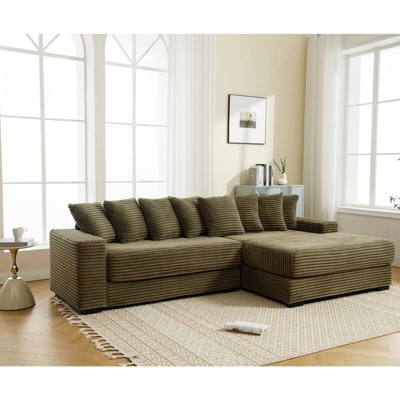 Oversized Two-Piece L Shaped Corduroy Sofa with Right Chaise Daybed, Eight Throw Pillows, Green