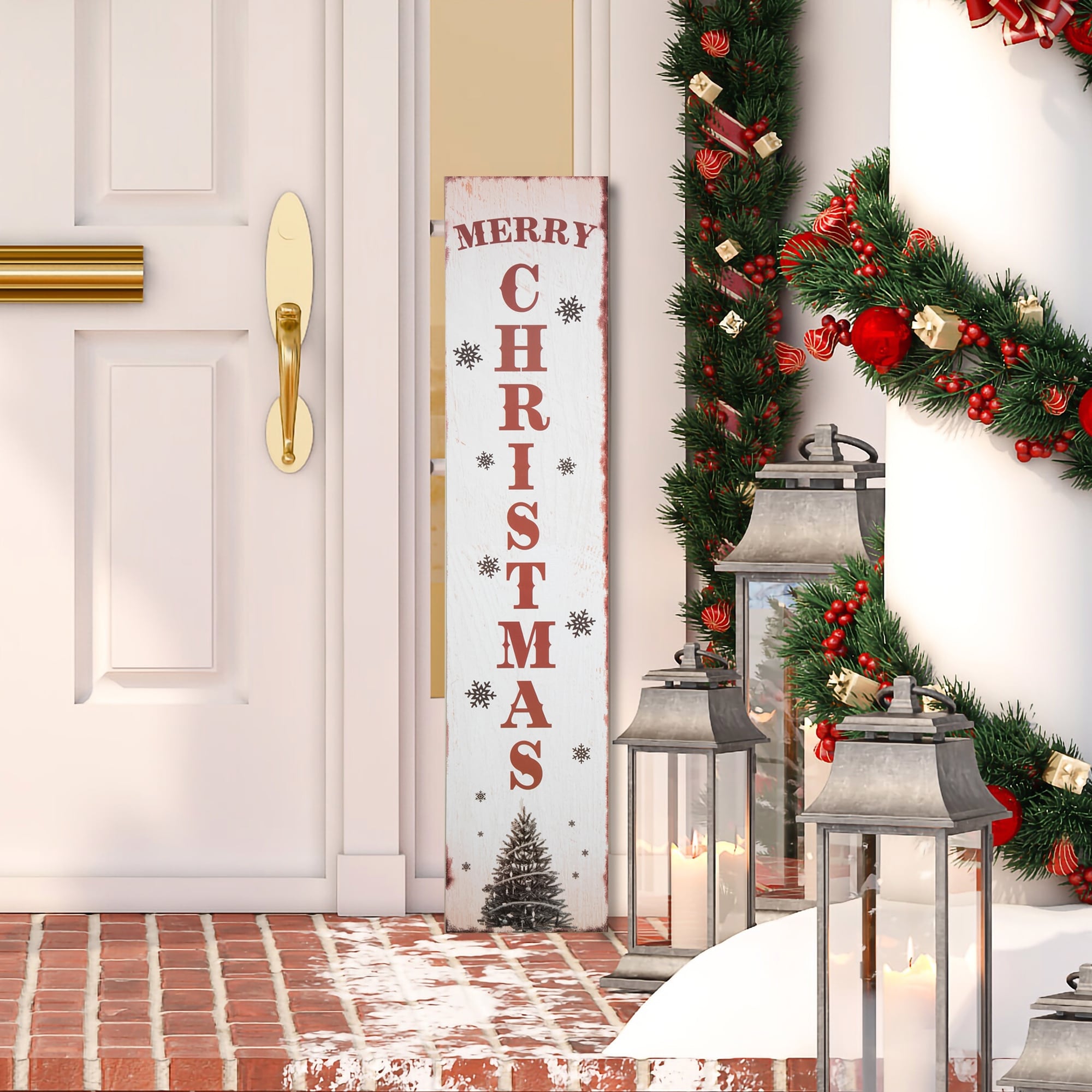 Tree and Snowflakes "Merry Christmas" Porch Sign Decoration - 36" - White and Red