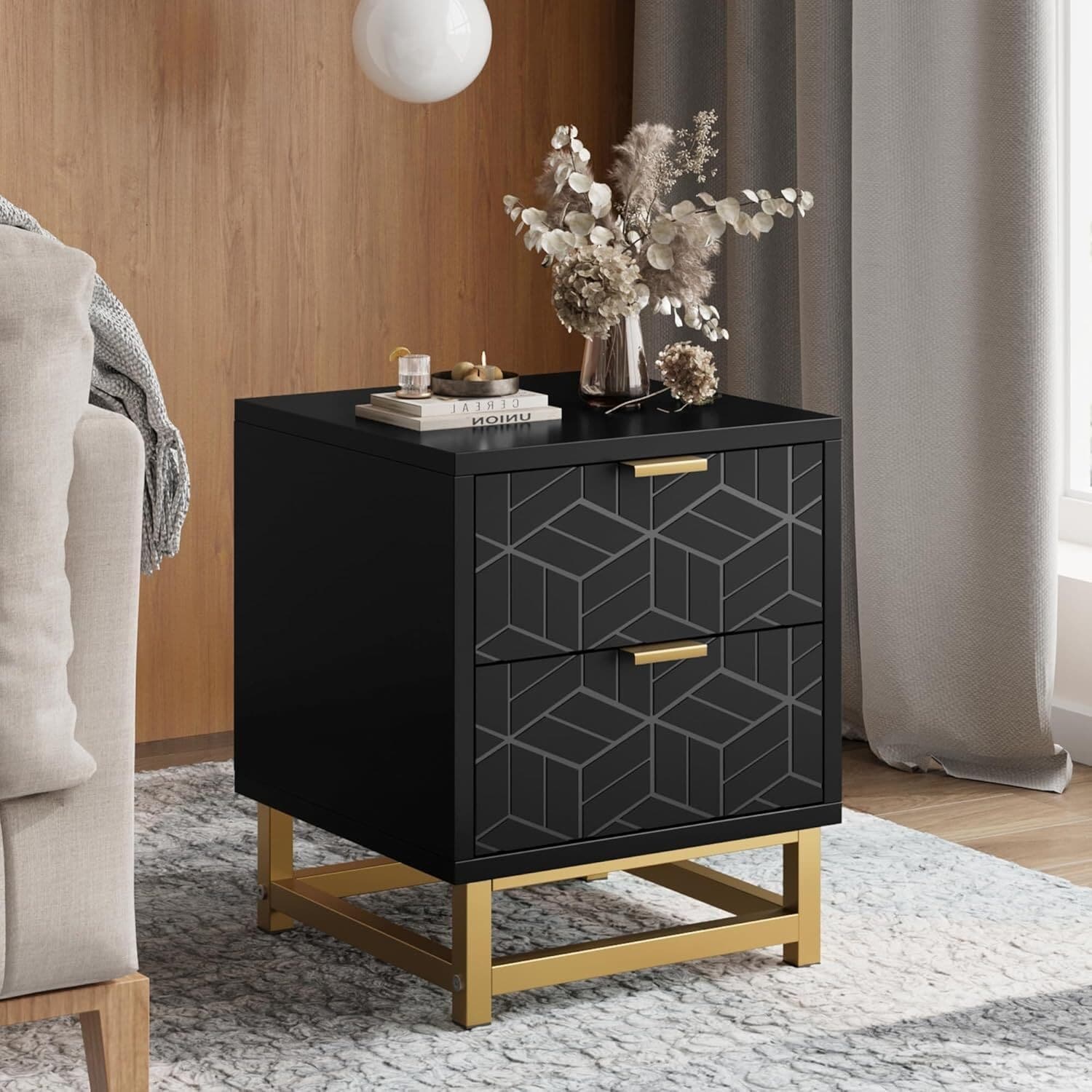 Modern Side Table with 2 Drawers Dresser for Living Room Black