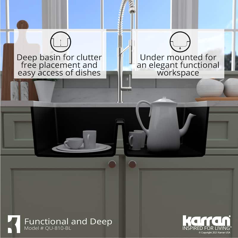 Karran 32" Undermount Double Equal Bowl Quartz Kitchen Sink Kit - 32" x 19.5" x 9"