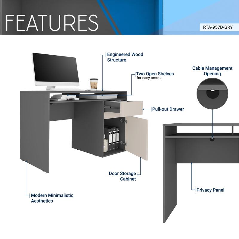 Techni Mobili Techni Mobili Home Office Workstation with Storage, Grey