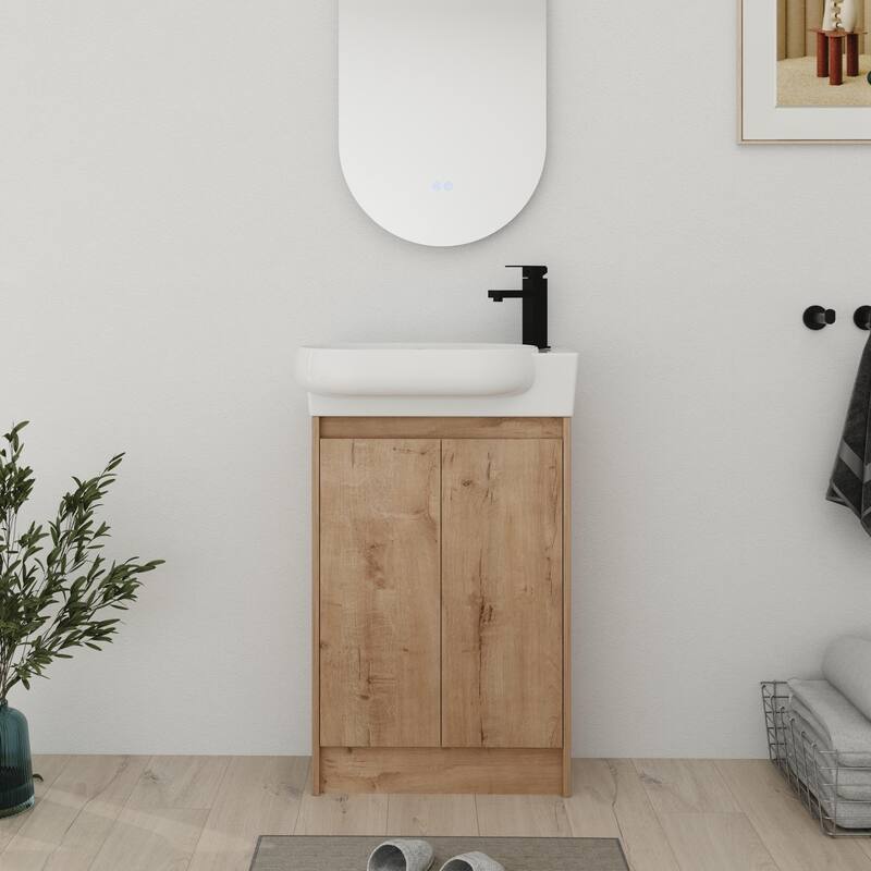 Bathroom Vanity With Sink In 16/18/23 Inch, Floating/Freestanding Bathroom Vanity With Soft Close Door - 22.8''W-Ceramic Sink - Imitative Oak