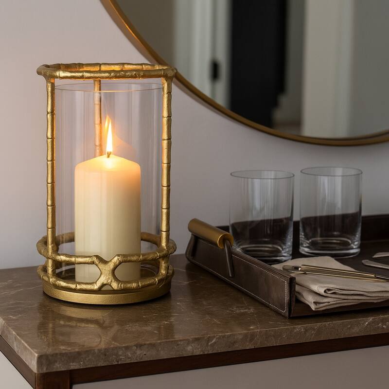 Aluminum Glass Sleek Hurricane Candle Holder - Gold, 9 in. - Gold/ Metallic - 9.0"