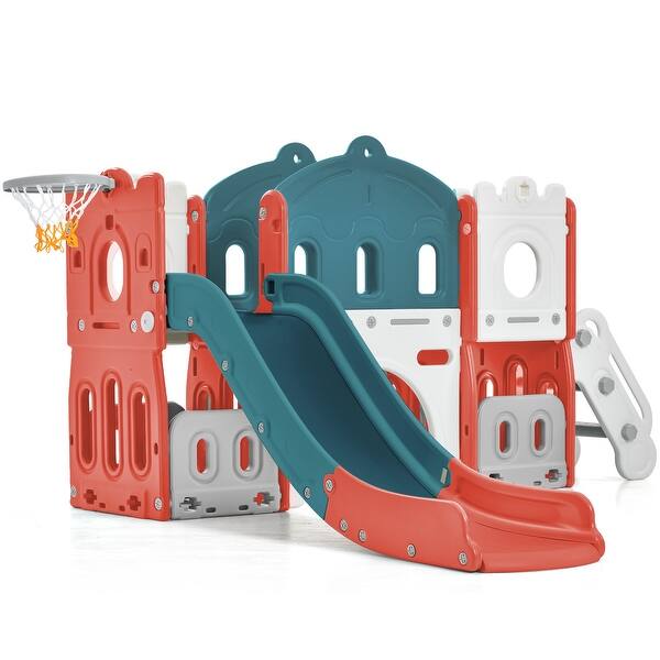 slide 2 of 28, 7 in 1 Toddler Slide, Toddler Playground Set for Kids, Large Kids Slide with Climber, Basketball Hoop and Storage Space Red