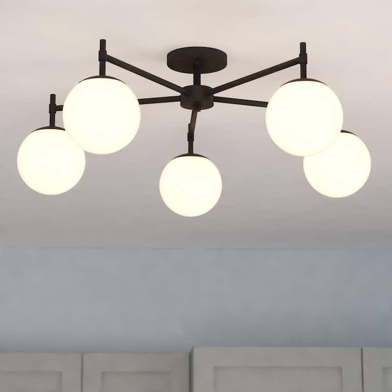 Armitage 32-in W Matte Black Semi Flush Mount Ceiling Light Fixture White Glass Globe Shade, LED Compatible - Matte Black - 32-in W x 11.25-in H x 32-in D