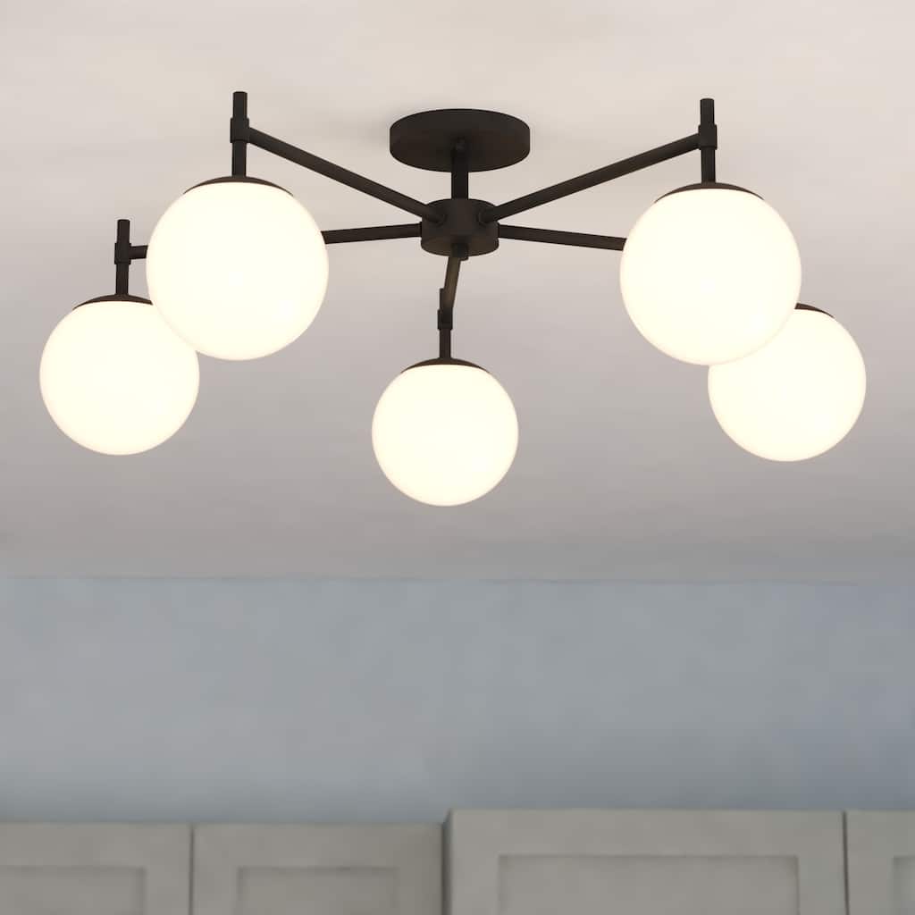 Armitage 32-in W Matte Black Semi Flush Mount Ceiling Light Fixture White Glass Globe Shade, LED Compatible