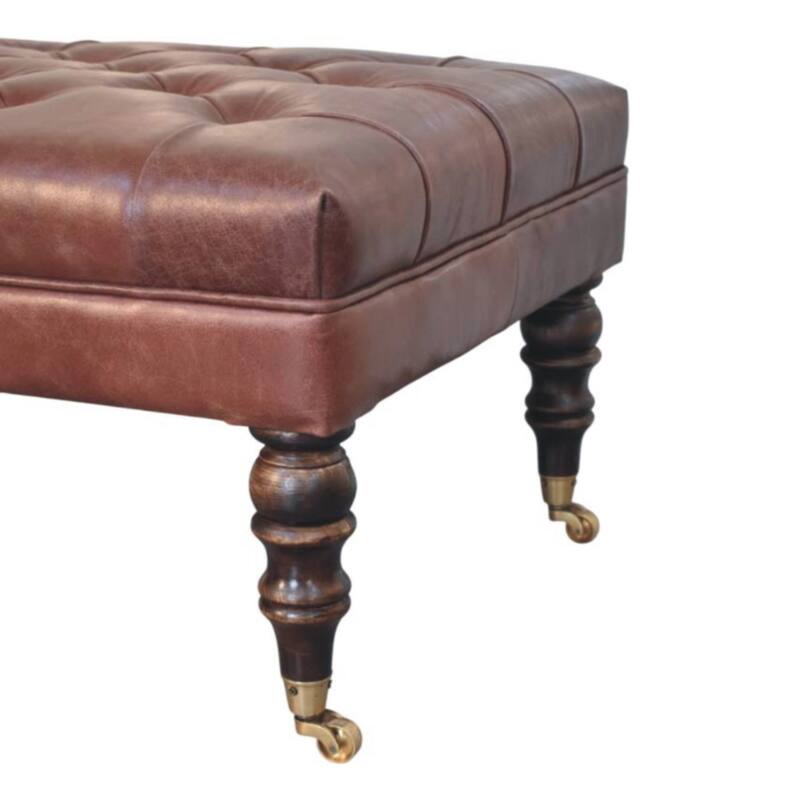 Artisan Furniture Solid Wood Buffalo Brown Leather Ottoman with Castor Legs