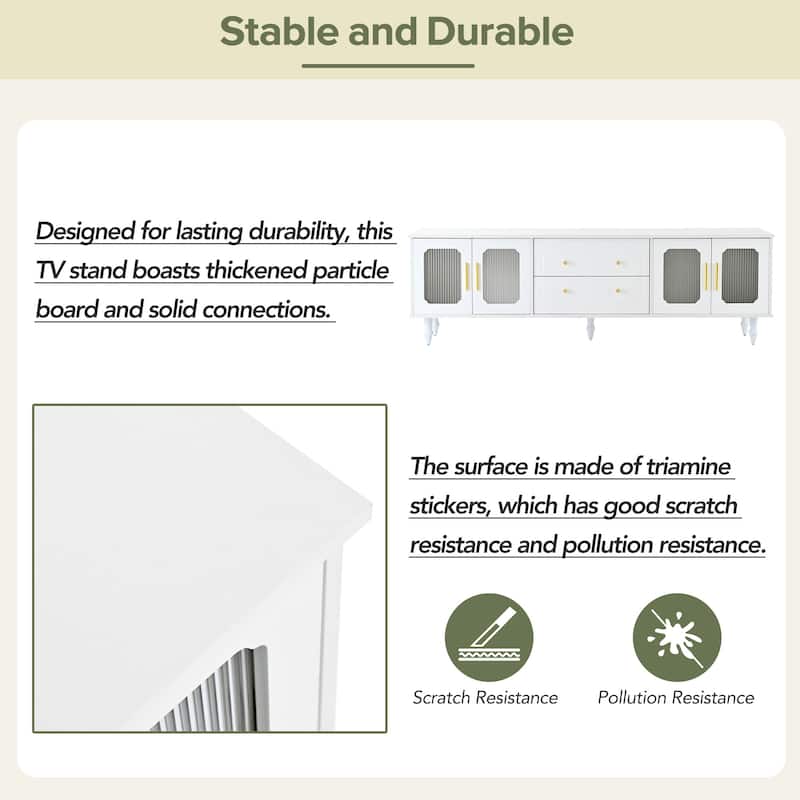 69.6" TV Stand with Fluted Glass Doors, 2 Drawers and Cabinets for TVs Up to 78"