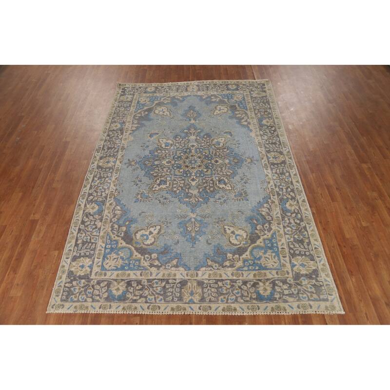 Hand Knotted Oriental 100% Wool Carpet Traditional Floral Navy Blue & Blues Tabriz Area Rug - 9' 5'' X 6' 5''