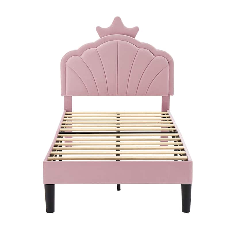 Javlergo Twin Size Platform Bed Frame with Crown Headboard Adjustable Height Upholstered Princess Bed for Kids