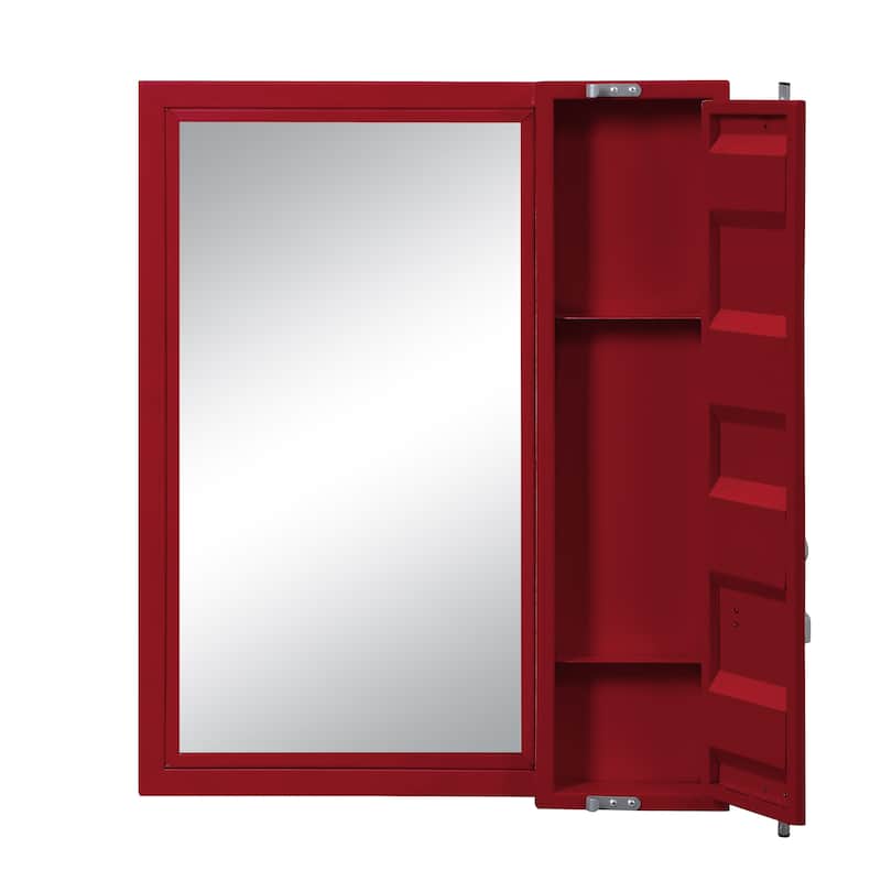 Industrial Style Metal Vanity Mirror with Recessed Door Storage, Red