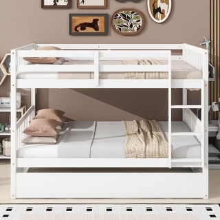 Full Over Full Rubber Wood Bunk Bed w/ Trundle, Ladder & Guardrails, Convertible to 2 Full Size Beds, White