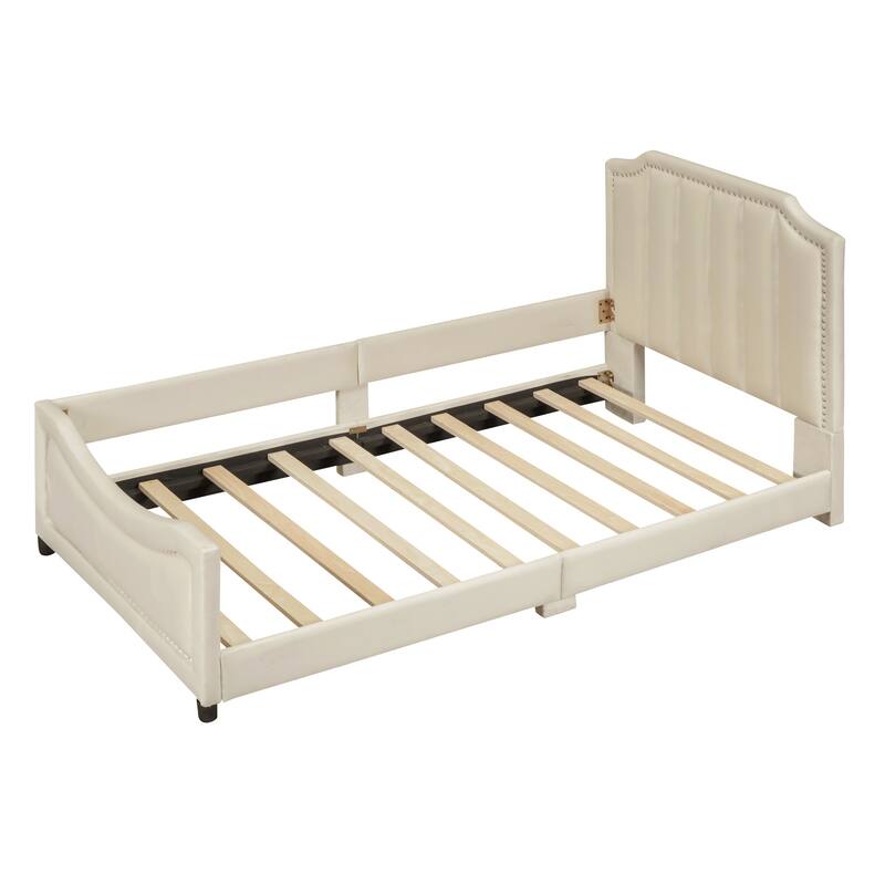 Twin Size Upholstered Daybed with Classic Stripe Shaped Headboard, Velvet Fabric & Sturdy Frame - Elegant Design