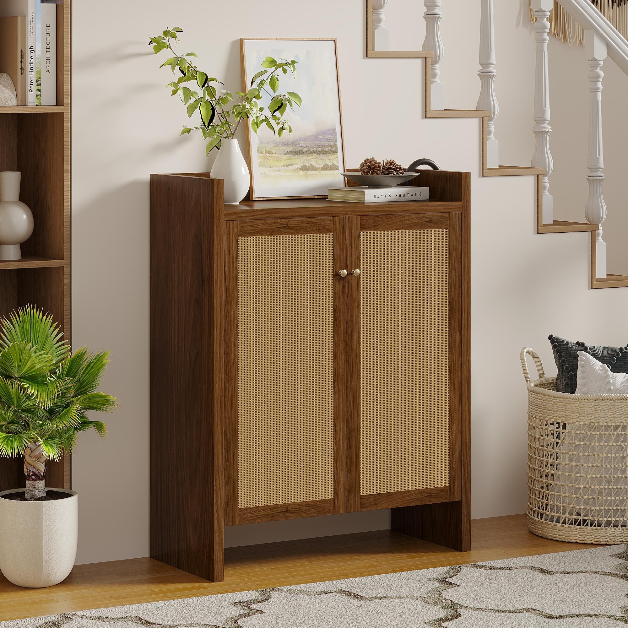 42.5"Tall Rattan Shoe Cabinet with Doors, 6-Tier Shoe Storage Cabinet with Adjustable Shelves, Wooden Freestanding Shoe Cabinet