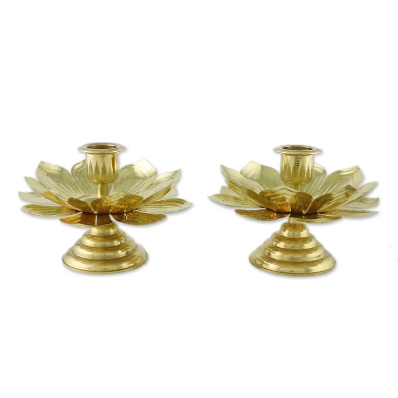Novica Handmade Luminous Lotus Brass Candlesticks (Pair)