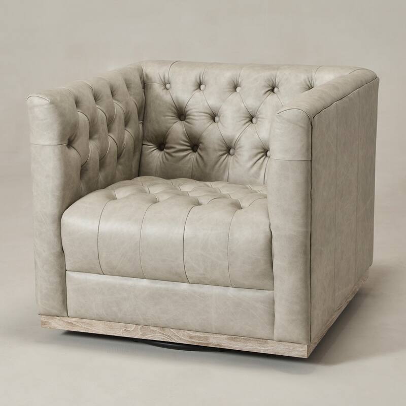 KINWELL 100% Genuine Leather Square Swivel Barrel Accent Chair