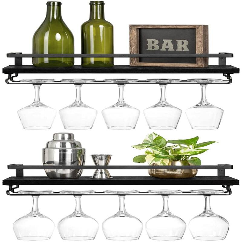 Wall Mounted Wine Rack Set of 2 - 16.9"D x 6.3"W x 5.1"H - Black