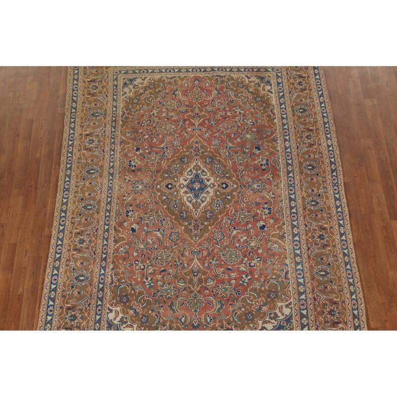 Orange Traditional Mashad Persian Vintage Rug Handmade Wool Carpet - 6'3"x 9'0"