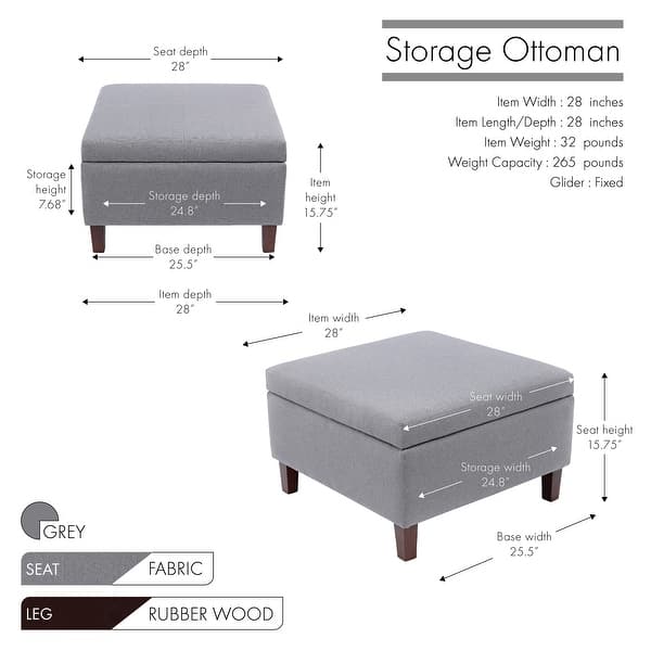 dimension image slide 2 of 3, Porthos Home Jamar Fabric Square Storage Ottoman with Rubberwood Legs