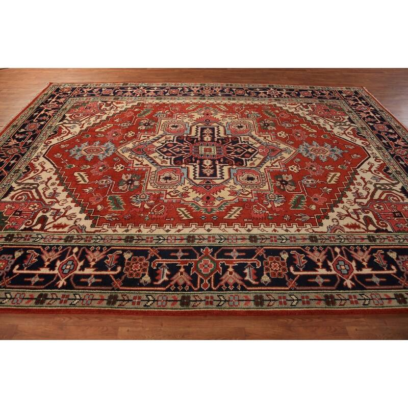 Geometric Heriz Serapi Indian Area Rug Hand-Knotted Wool Carpet - 8'11"x 11'7"
