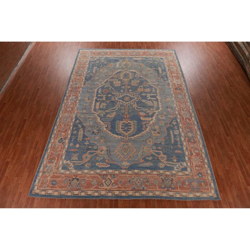 Hand Knotted Oriental 100% Wool Carpet Transitional Medallion Navy Blue & Blues Oushak Area Rug - 14' 6'' X 10' 0''