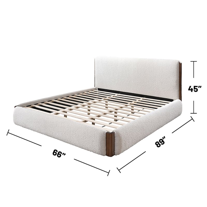 Boucle Upholstered Eastern King Bed in White and Walnut