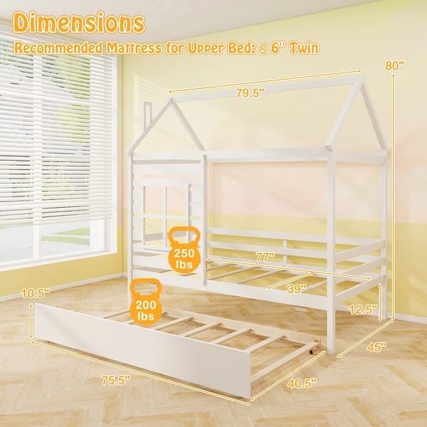 dimension image slide 1 of 2, Gymax Twin Size House Bed with Trundle Wooden Platform Bed w/ Roof