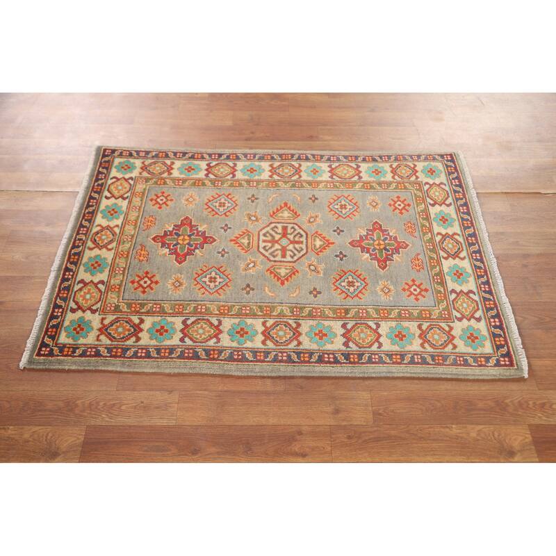 Geometric Kazak Foyer Rug Handmade Grey Wool Carpet - 2'8" x 4'0"