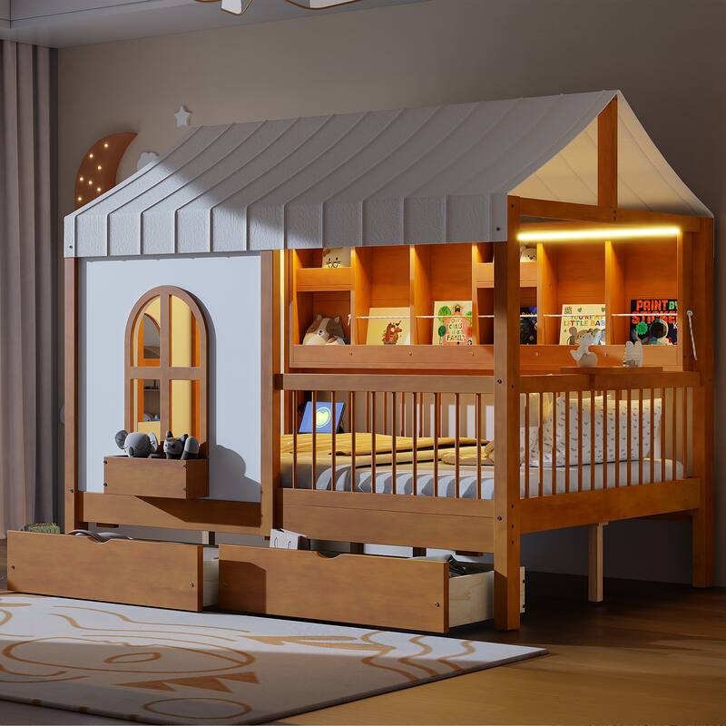 Full Size House Bed Wood Platform Bed with Tent and 21.7 inch Rail, LED Kids Bed with 2 Drawers Side Bookshelf Integrated Socket