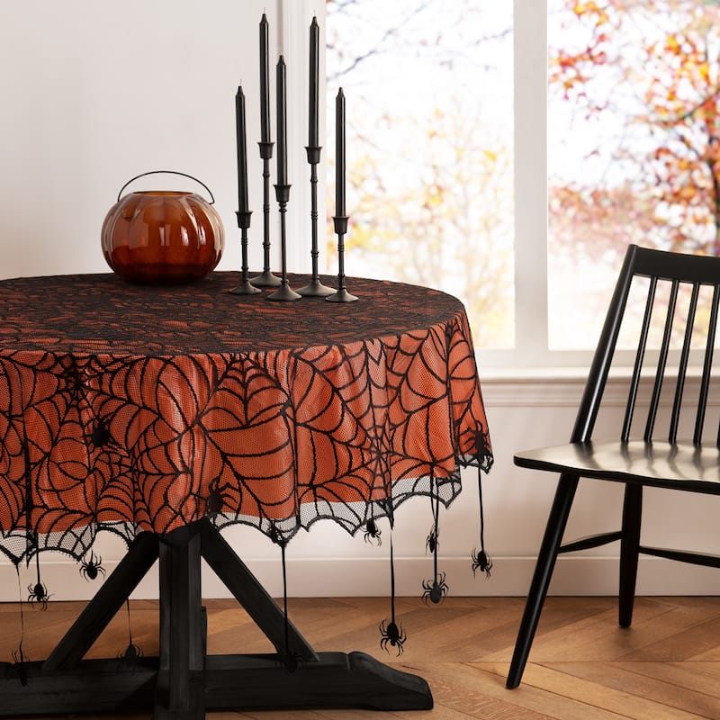 Crawling Halloween Spider Lace Lined Tablecloth - 70" Round - Black/Orange