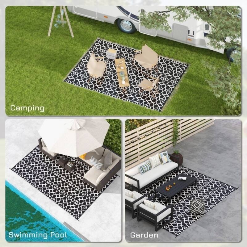 Reversible Outdoor Rug Black and White Clover Pattern UV Protected Foldable RV Camping Patio Beach Mat - 143.7" L x 107.9" W