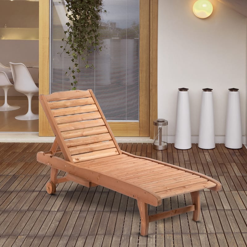 Outdoor Chaise Lounge Pool Chair,Built-In Table,Reclining Backrest for Sun tanning/Sunbathing, Rolling Wheels, Red Wood Look