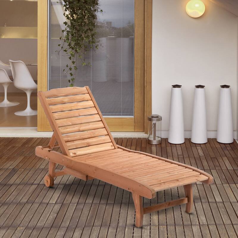 Outsunny Outdoor Chaise Lounge Pool Chair, Built-In Table, Reclining Backrest For Sun Tanning/Sunbathing, Rolling Wheels