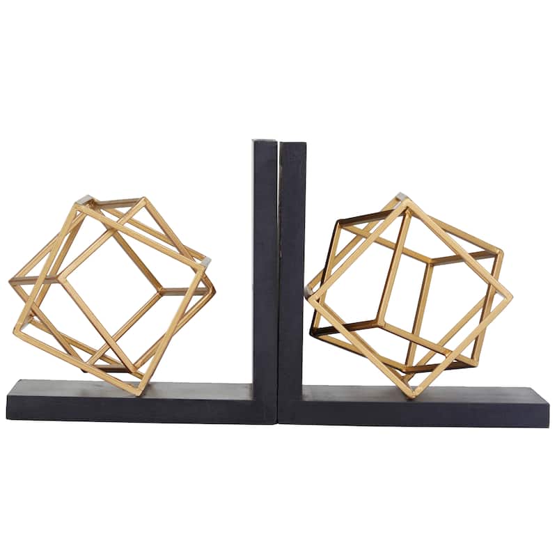 Stainless Steel Metal Geometric Overlapping Cube Bookends with Black Bases - Set of 2 Gold - Roche River Decor - 6"W x 8"L x 8"H